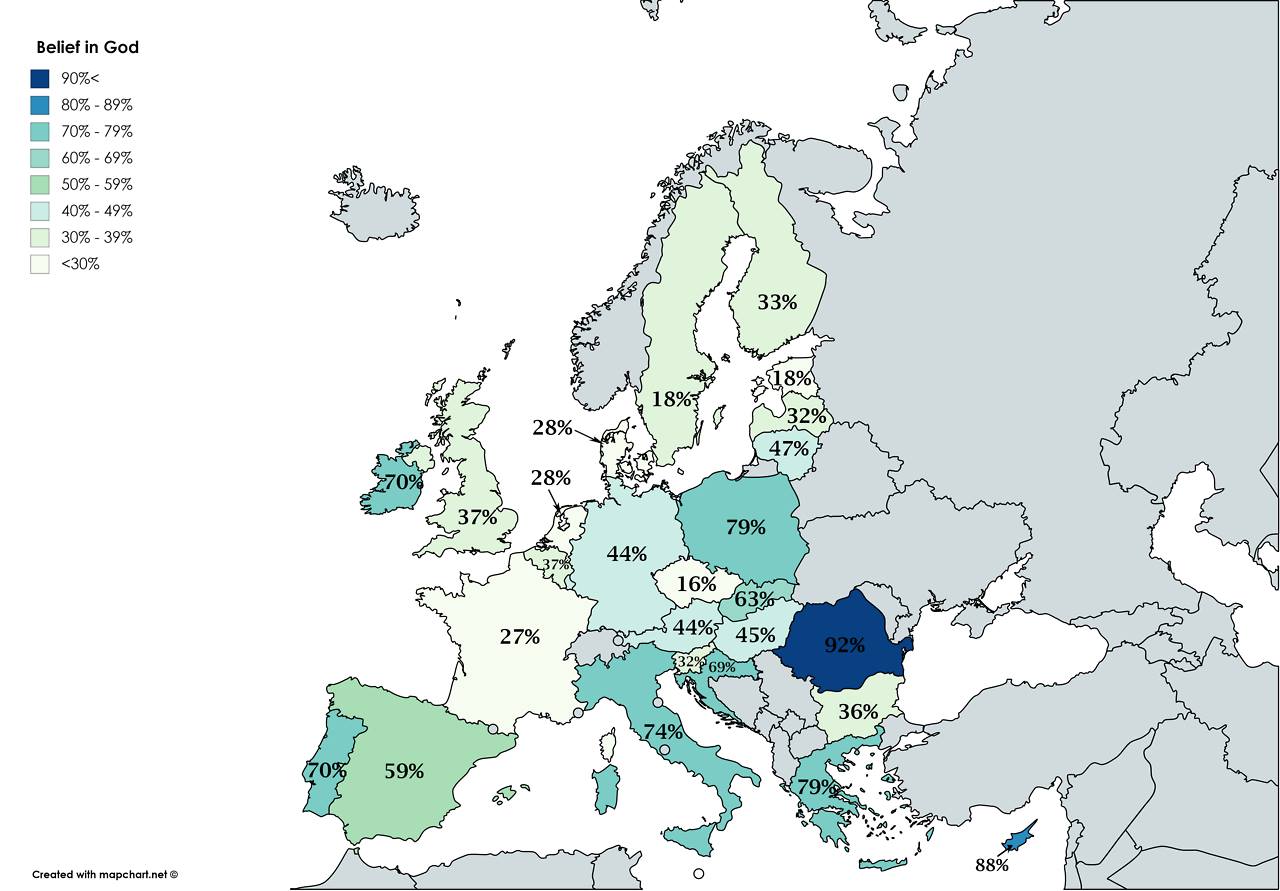 Harta credinței în Dumnezeu din Europa (UE)